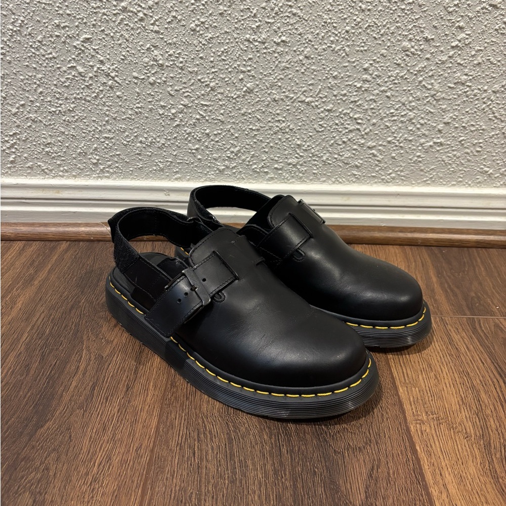 Dr. Martens Black Leather Slingback Clogs with Yellow Stitching